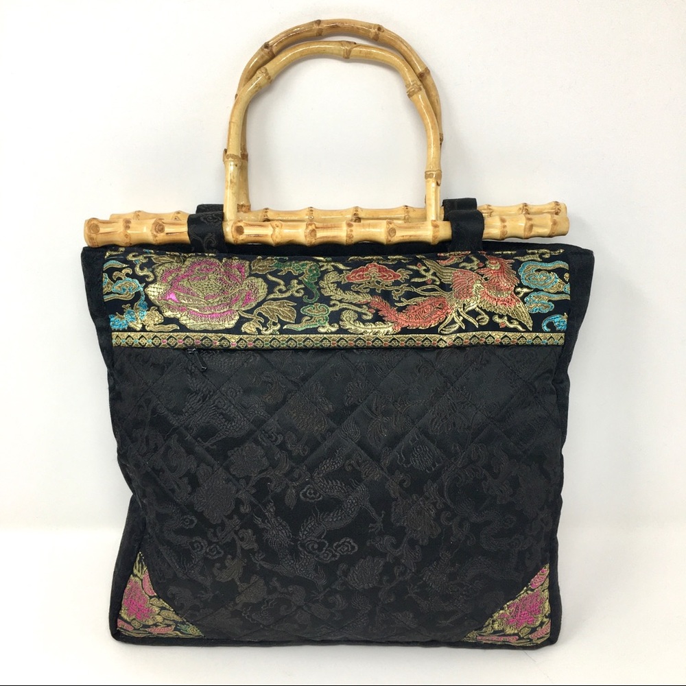 Stitch & Bloom Black Quilted Asian Inspired Heritage Purse with Bamboo Handles